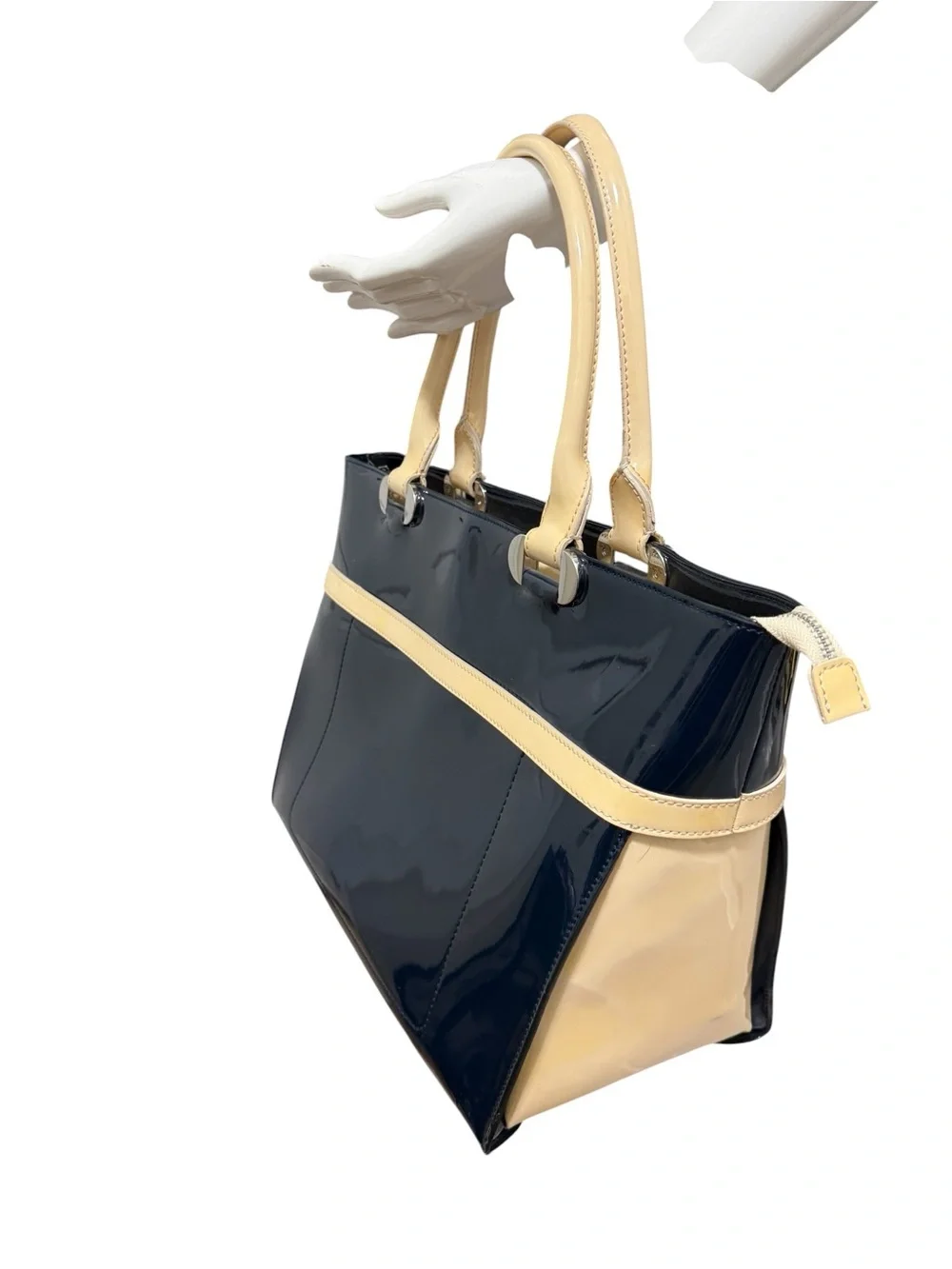 L.K Baanet Italian Patent Navy and Cream Tote Handbag